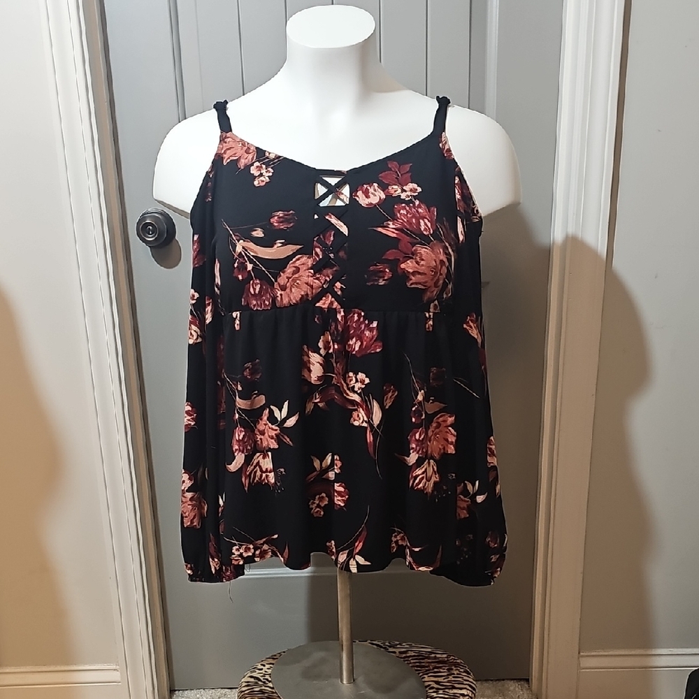 Torrid Black and Pink Floral Cold Shoulder Blouse